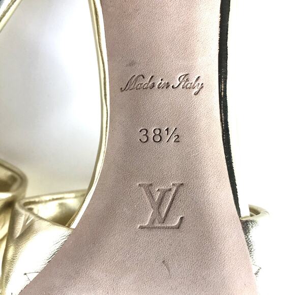 Louis Vuitton Revival Monogram Emboss Gold Leather Heeled Mules Sandals 38.5 - Picture 9 of 11
